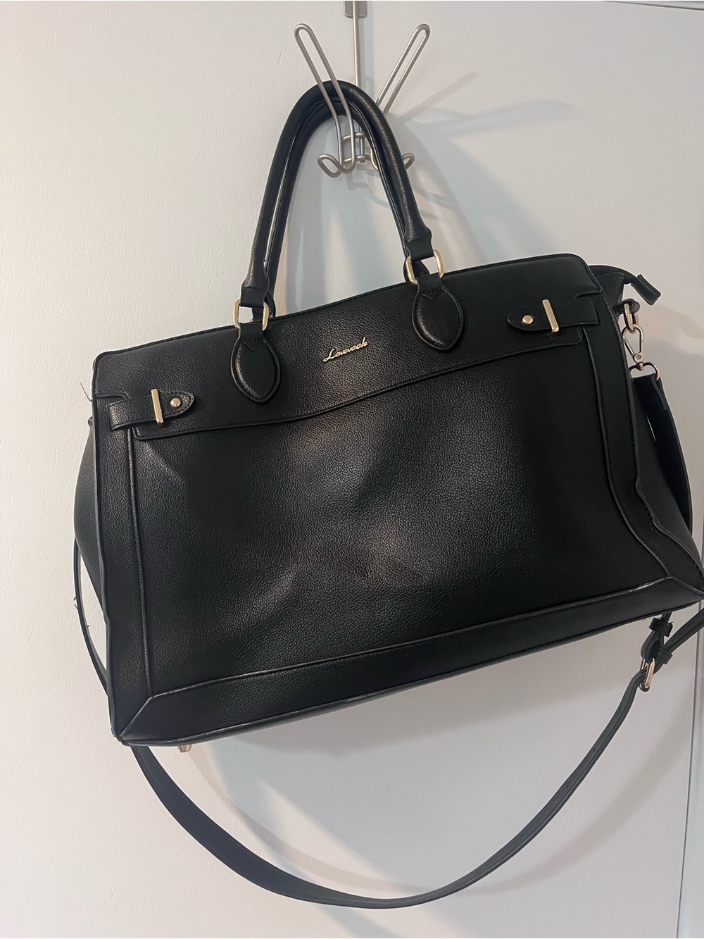 Black Leather Laptop Tote with Detachable Strap